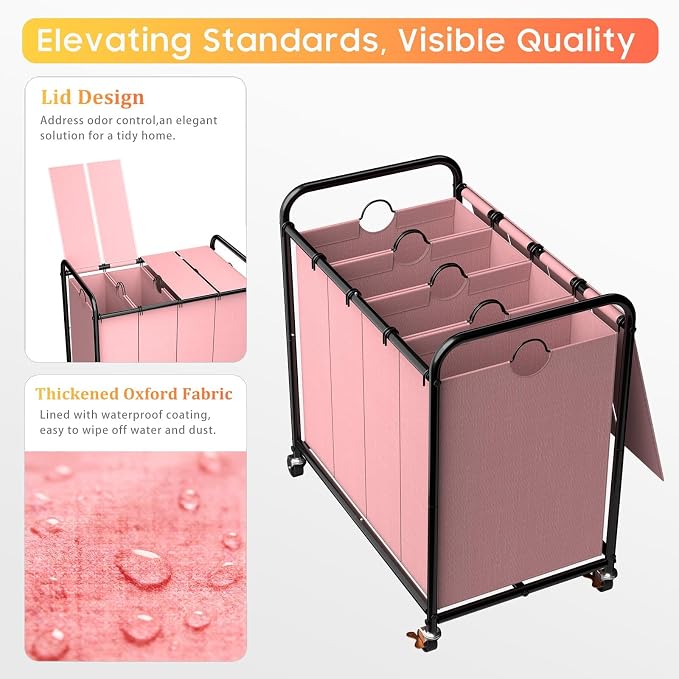 Laundry Sorter 4 Sections 48 Gal, Rolling Laundry Basket - Image 4