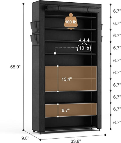 ROJASOP 10 Tier Shoe Rack with Covers, Large Capacity Stackable Tall Shoe Shelf - Image 3