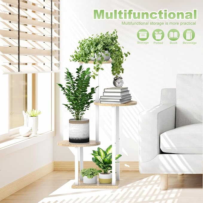 4 Tier Wood Tall Plant Stand Metal Rack Indoor, Round Planter Shelf Display - Image 6