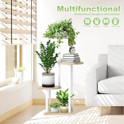 4 Tier Wood Tall Plant Stand Metal Rack Indoor, Round Planter Shelf Display - Image 6