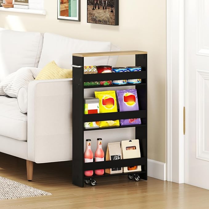 Small Kitchen Cart, 4-Tier Slim Rolling Island w/Handle, Laundry Room Storage - Image 3