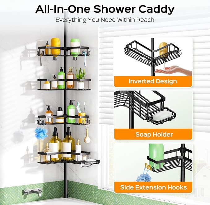 HAMITOR Shower Caddy Tension Pole: 4-Tier Corner Rustproof Bathroom Organizer - Image 6