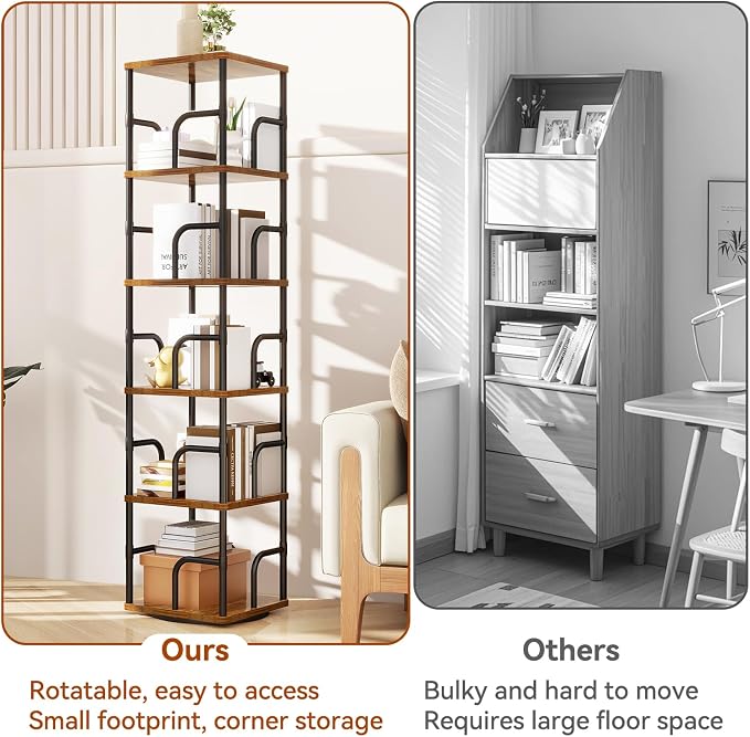IBUYKE 6 Tier Rotating Bookshelf, Square Bookcases - Image 8