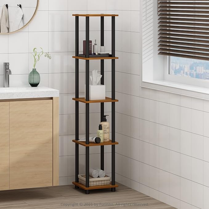 FURINNO Turn-N-Tube 5-Tier Corner Square Rack Display Shelf, Light Cherry/Black - Image 2