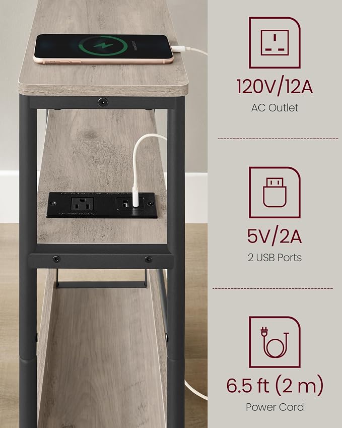 VASAGLE Side Table with Charging Station, Narrow End Table, 3-Tier Nightstand - Image 6