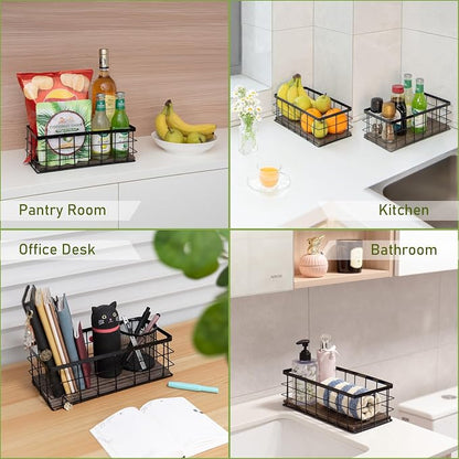 ROSE BLOOM Small Metal Wire Storage Basket, Decorative Wood Base Organizer Bins - Image 4