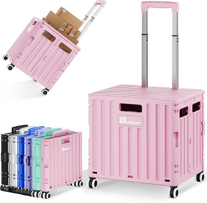 Folding Utility Cart with Lid, Portable Rolling Crate Handcart Collapsible by Dkenicor