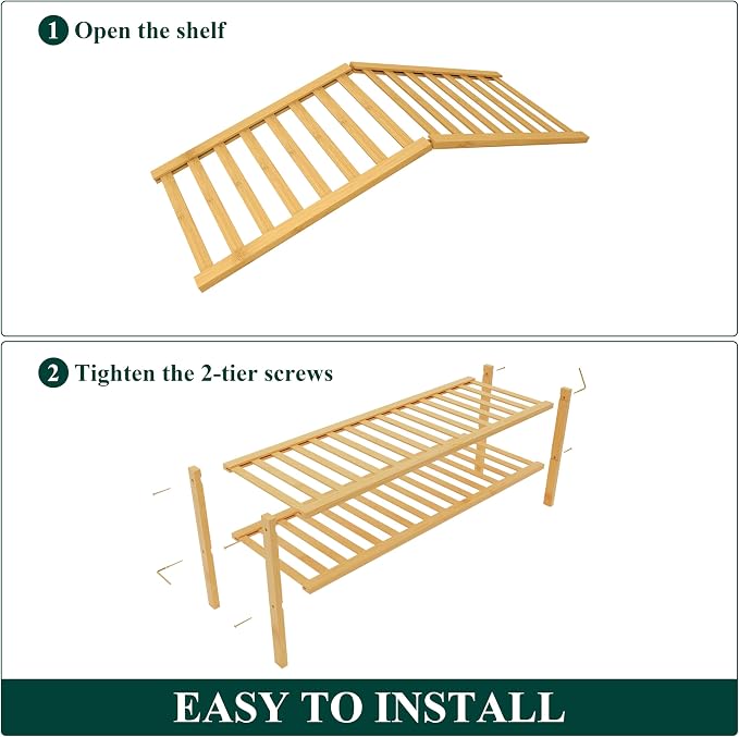 Smiry Bamboo Shoe Rack for Closet, 2 Tier Long Wooden Stackable Shoe Organizer - Image 6