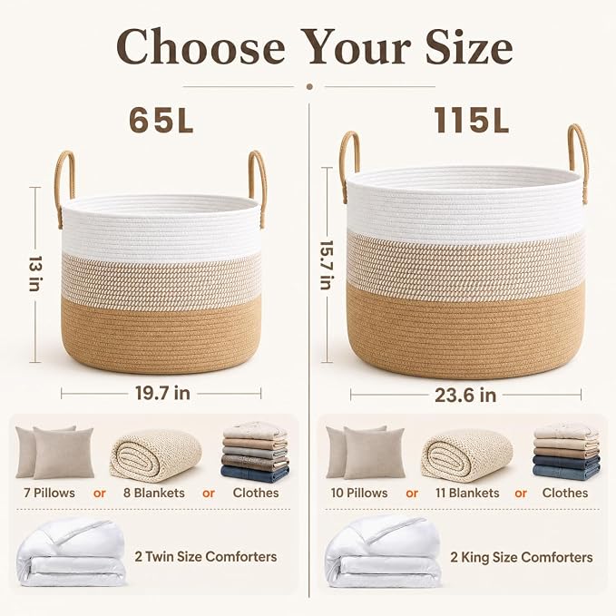 JMvicyroam 65L Extra Large Machine Washable Cotton Rope Blanket Basket | - Image 4