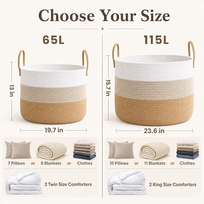 JMvicyroam 65L Extra Large Machine Washable Cotton Rope Blanket Basket | - Image 4