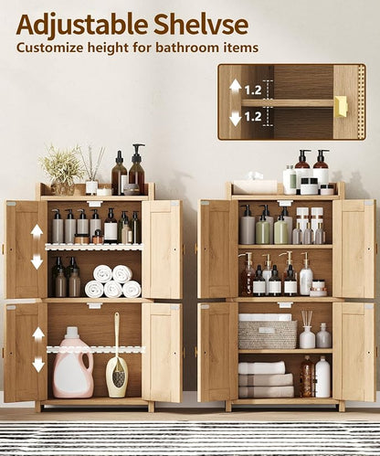 Akxomel 15" Rattan Small Bathroom Cabinet 4 Doors Adjustable Shelf Oak | - Image 4