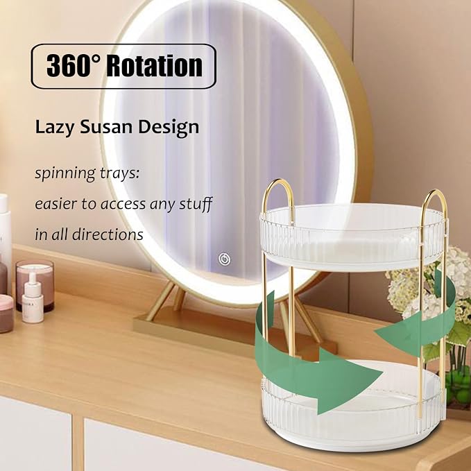 Rotating Makeup Organizer Countertop 2 Tier Lazy Susan Trays Clear Skincare - Image 2