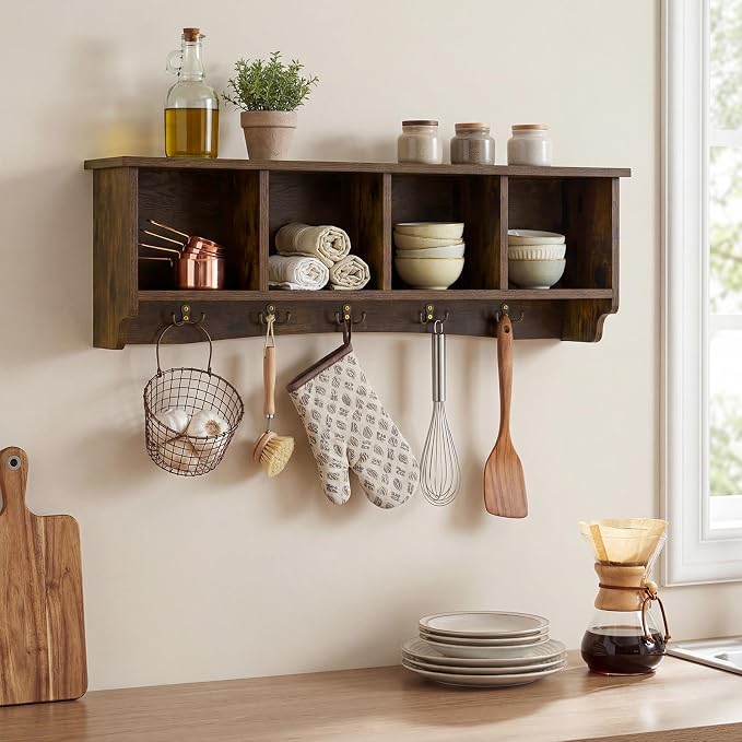 Giantex Wall Mounted Coat Rack, 28.5'' Wooden Floating Shelf - Image 5