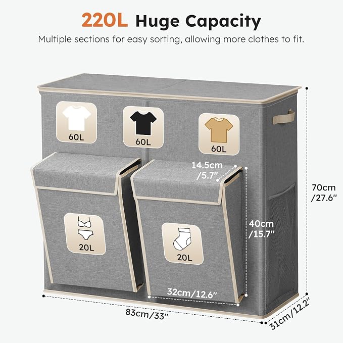 SOLEDI 220L Laundry Hamper 3 Section, Extra Large Laundry Basket - Image 7