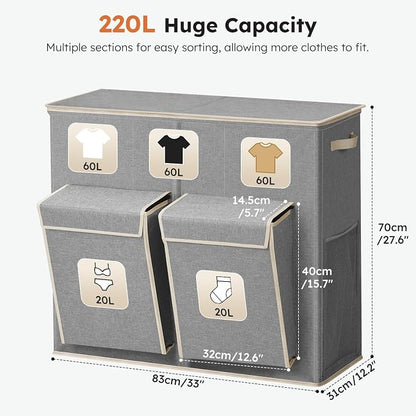 SOLEDI 220L Laundry Hamper 3 Section, Extra Large Laundry Basket - Image 7