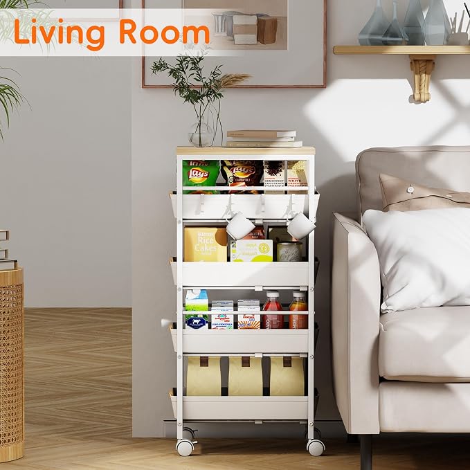 5-Tier Kitchen Storage Cart, Wood Top Rolling Cart Organizer - Image 4