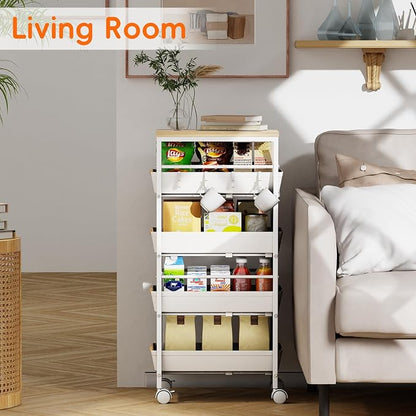 5-Tier Kitchen Storage Cart, Wood Top Rolling Cart Organizer - Image 4