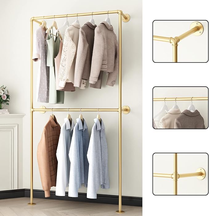 Gold Clothing Racks Wall Mount Clothes Rack, Heavy Duty Industrial Pipe - Image 2
