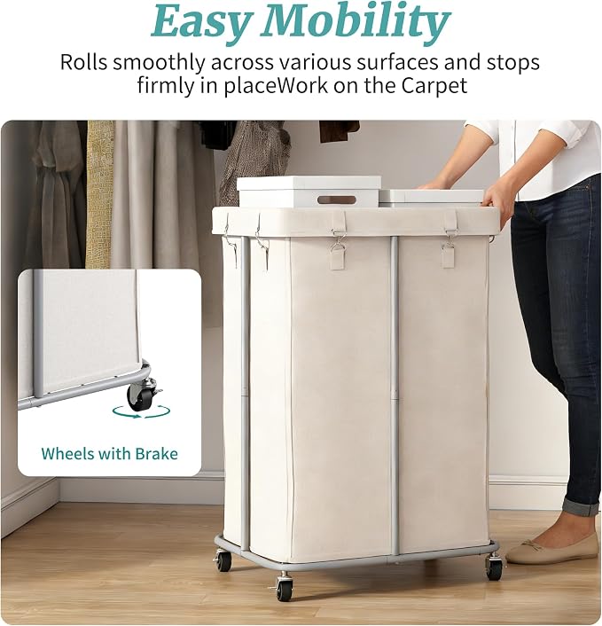 155L Laundry Hamper with Wheels, Rolling Laundry Basket with Metal Frame and - Image 7