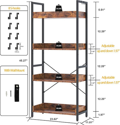 HCHQHS 4 Tier Bookshelf, Adjustable Industrial Bookcase, Vertical Tall Book - Image 3