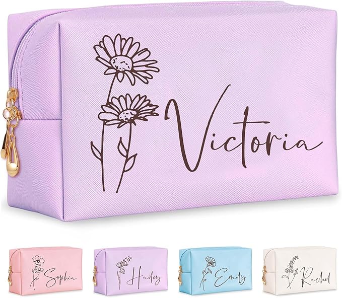 Personalized Makeup Bag with Name & Birth Flower, Custom Leather Cosmetic Bags by Fincekoom