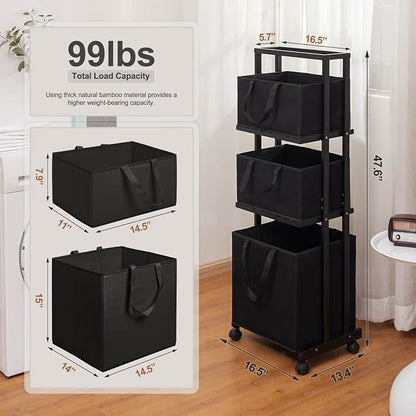 Homde Laundry Basket 3 Tier Bamboo Storage Shelf - Image 2