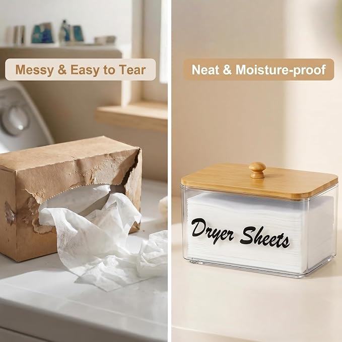Dryer Sheet Holder with Bamboo Lid, Acrylic Laundry Clear Dryer Sheets - Image 8