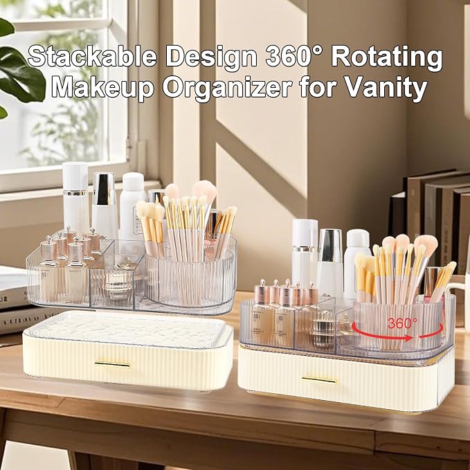 DASITON Makeup Organizer with Drawers and Rotating Makeup Brush Holder - Image 3