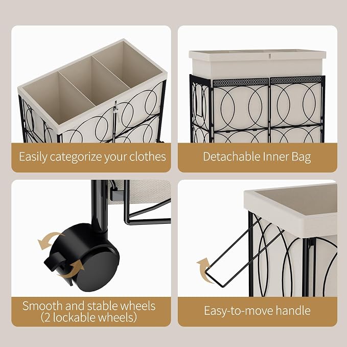 Laundry Hamper with 3 Section, Large 180L Rolling Laundry Basket with Wheels - Image 5