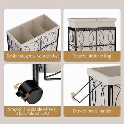 Laundry Hamper with 3 Section, Large 180L Rolling Laundry Basket with Wheels - Image 5