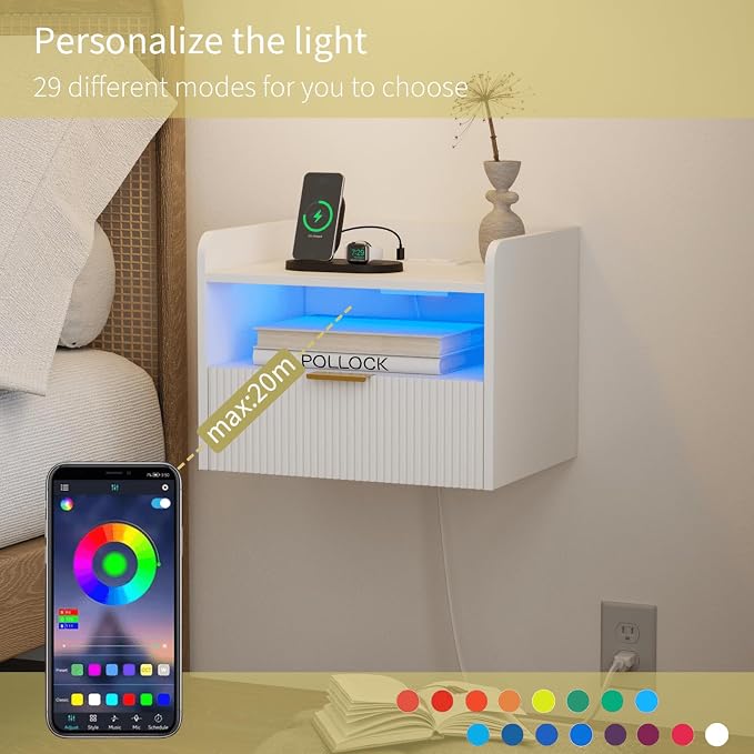 White Floating Nightstand with Charging Station and LED Lights - Image 4