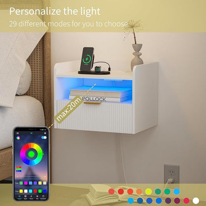 White Floating Nightstand with Charging Station and LED Lights - Image 4