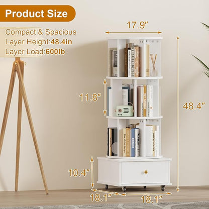 Rotating Bookshelf with Drawers on Lockable Wheels Wood White | 4 Tier Spinning - Image 2