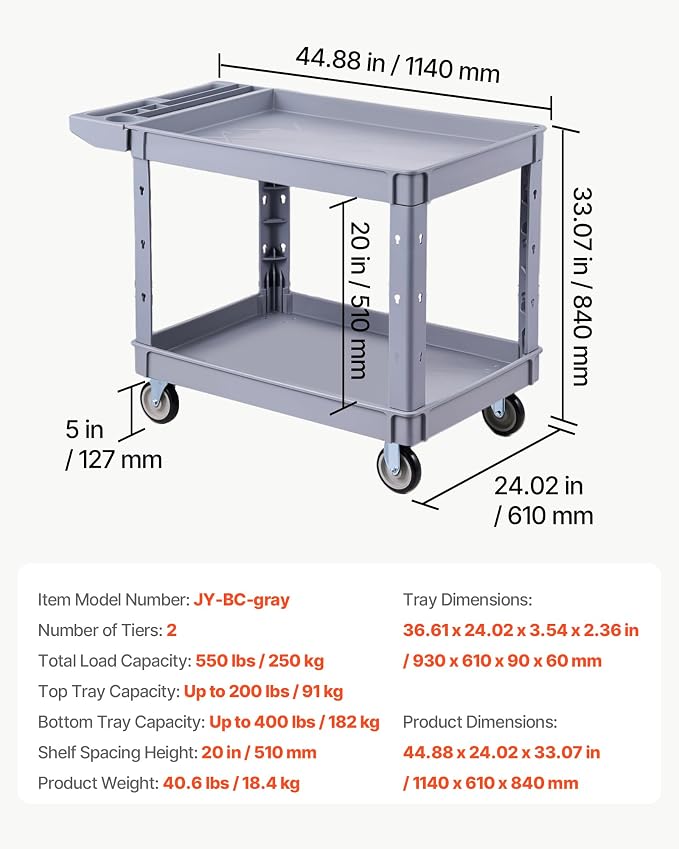 VEVOR Utility Cart, 550 lbs Capacity, 2 Tier Service Cart - Image 7