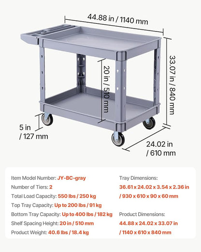 VEVOR Utility Cart, 550 lbs Capacity, 2 Tier Service Cart - Image 7