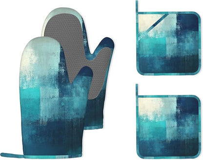 Turquoise Grey Oven Mitts and Pot Holders, Teal Modern Art Heat Resistant by Unknown