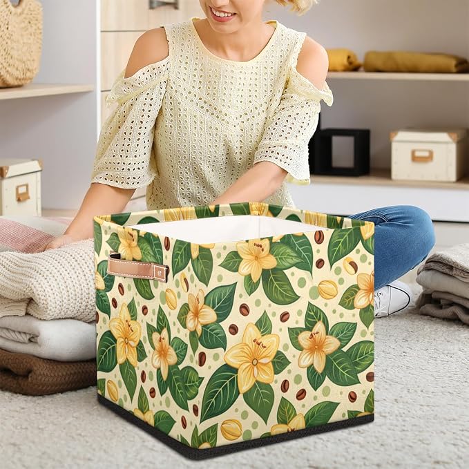 TropicalLife 13x13x13 Inch Large Fabric Storage Cube Yellow Flower Foldable - Image 3