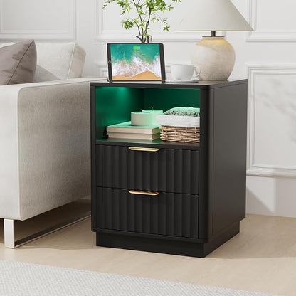 VOWNER Fluted Nightstand with Charging Station, 18” RGB Night Stand with 2 by VOWNER