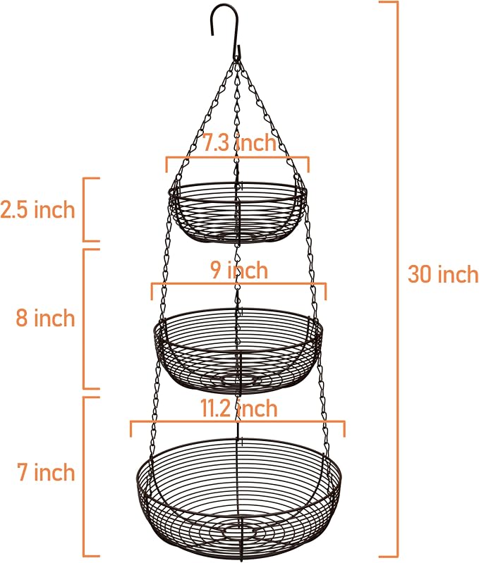 3-Tier Hanging Basket Fruit Organizer Kitchen Heavy Duty Wire Organizer - Image 2