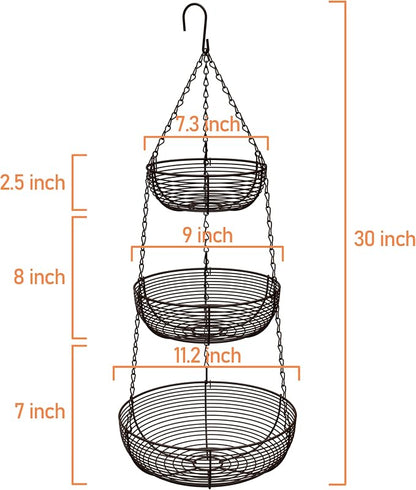 3-Tier Hanging Basket Fruit Organizer Kitchen Heavy Duty Wire Organizer - Image 2