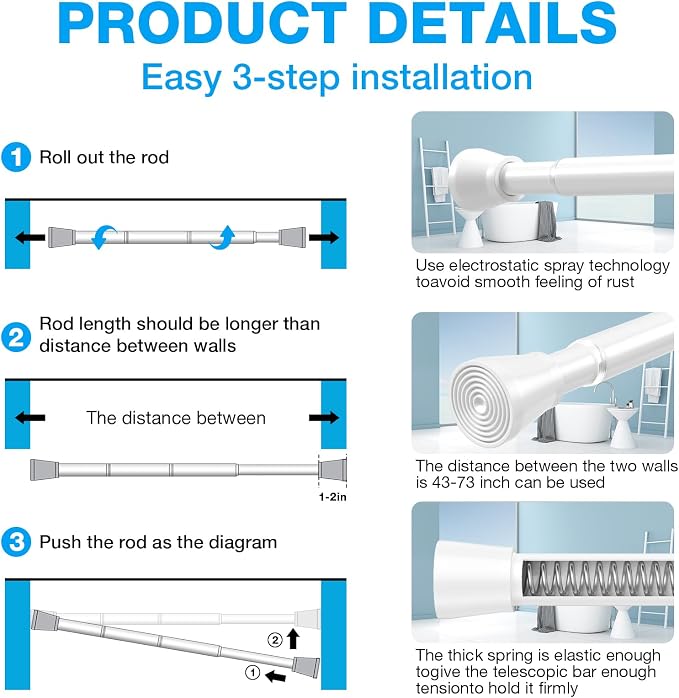 MEXAU 1Pack Spring Tension Curtain Rod 44-77 inch White Small Tension Rod | - Image 7