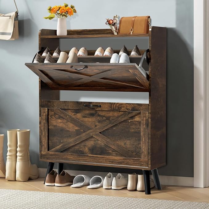Narrow Shoe Storage Cabinet, Freestanding Hidden Shoe Organizer by Unknown