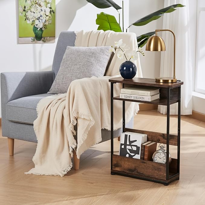 Vintage Narrow Side Table with Storage Shelf, 3 Tier Slim End Table Modern Sofa - Image 2