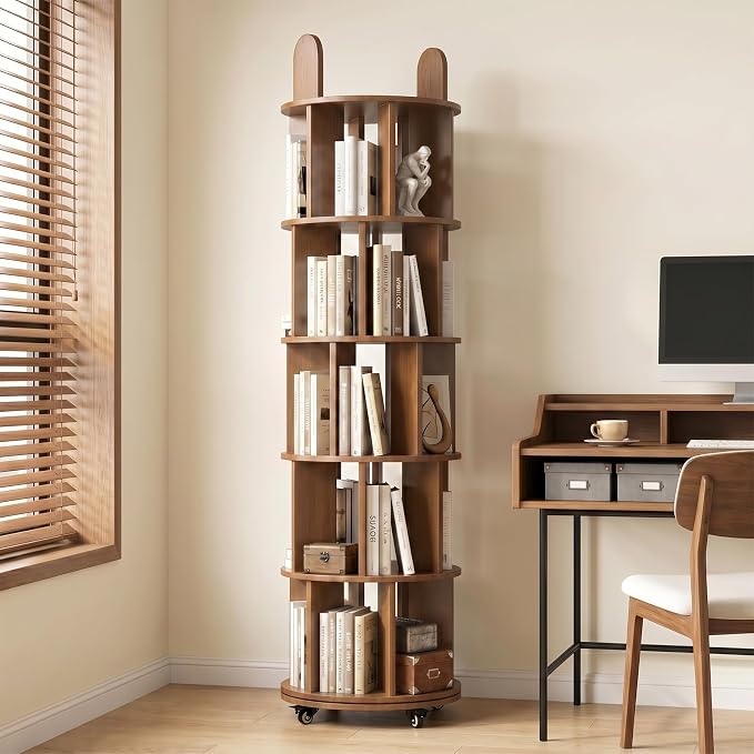Kryonix 5 Tier Solid Wood Rotating Bookshelf on Wheels, Spinning Bookcase | by Kryonix