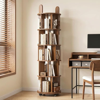 Kryonix 5 Tier Solid Wood Rotating Bookshelf on Wheels, Spinning Bookcase | by Kryonix