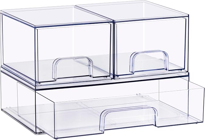 Sorbus Stackable Acrylic Storage Drawers – 2 Small + 1 Wide – 3 Pack Clear - Image 8