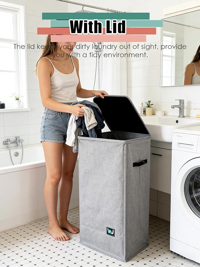 WTREE Laundry Hamper with Lid, Reinforced Sturdy Clothes Hamper with - Image 2