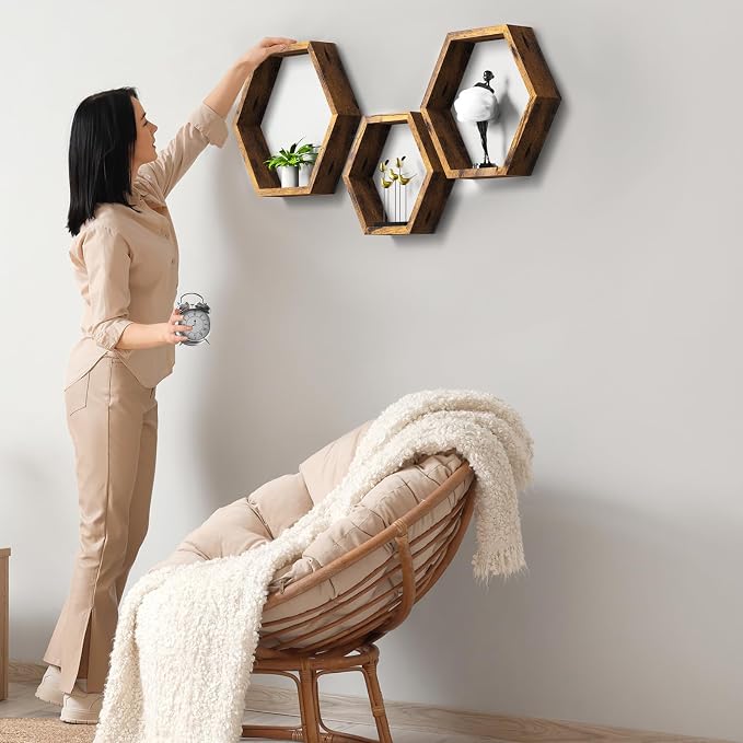CADUKE Hexagon Floating Shelves, Decorative Wall Mounted Shelves, Wooden - Image 5