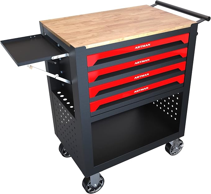 36" Tool Box with Wheels 4 Drawers Rolling Tool Cart, Wooden Top Workbench by pouseayarMassageTable
