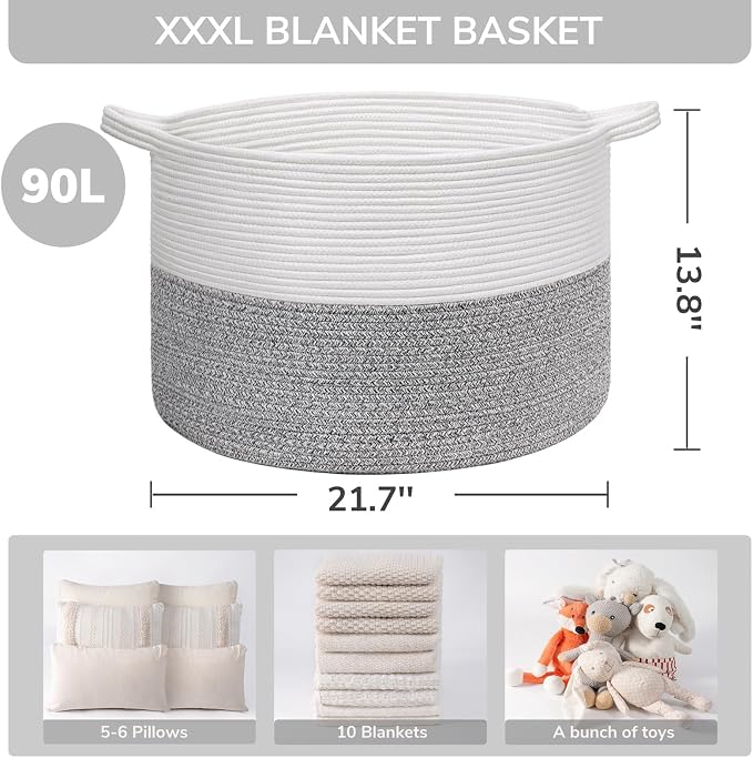 INDRESSME Large Storage Basket, 21.7'' x 13.8'' Cotton Rope Blanket Basket - Image 3